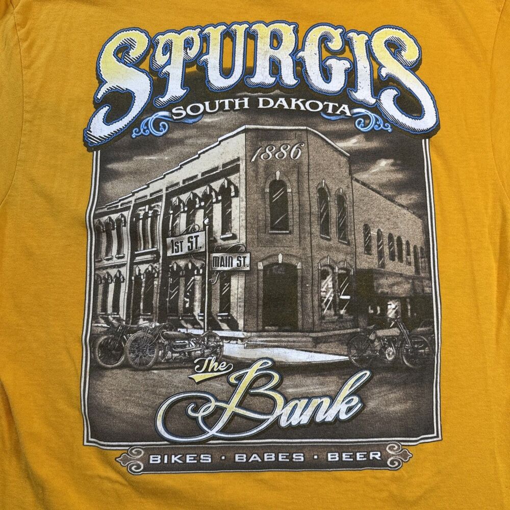 Vintage Biker T-Shirt STURGIS The Bank Orange Motorcycle Tee - Size Large